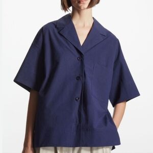 COS Oversized Camp-Collar Navy Blue Short Sleeve Shirt  Poplin Cotton Size S